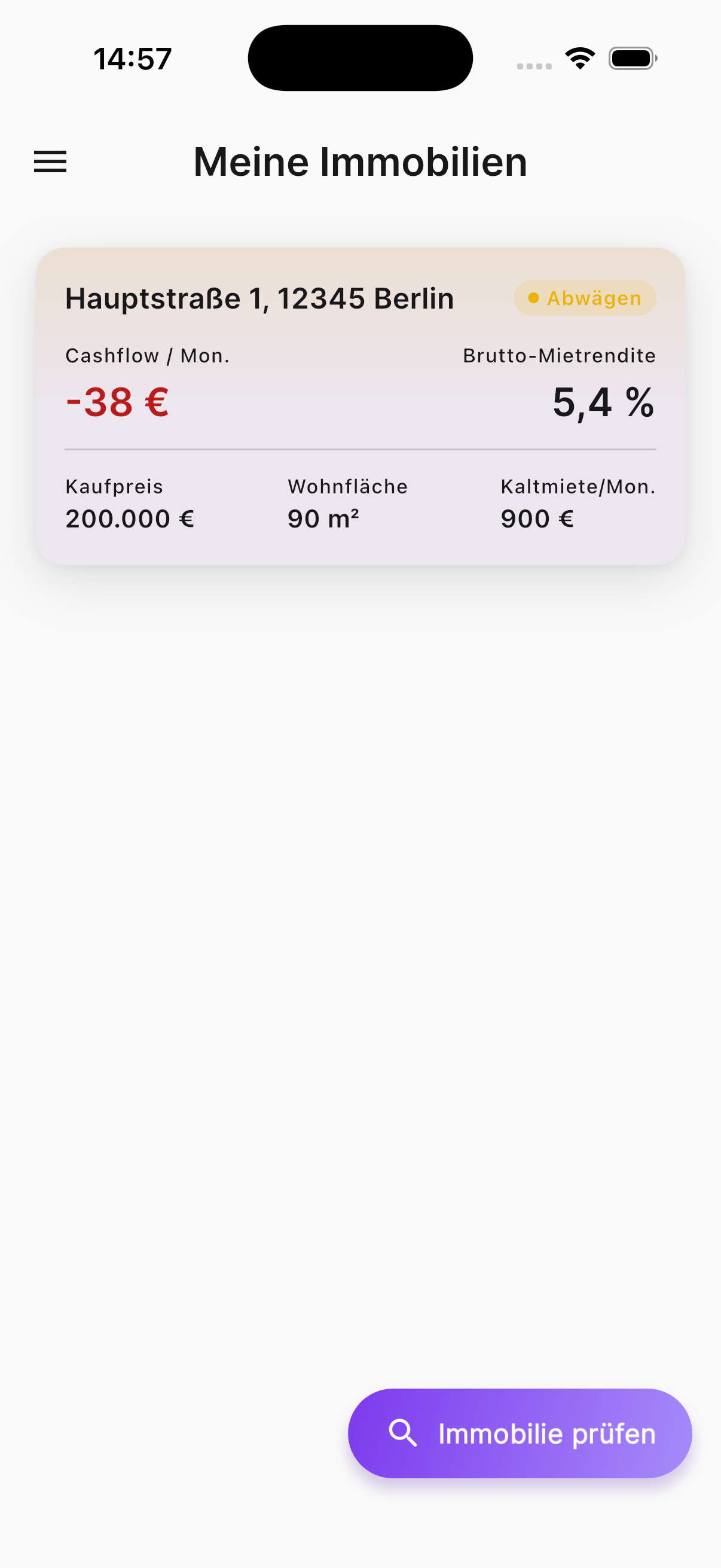 checkmeineimmo iOS App: Übersicht der Immobilien mit Cashflow und Rendite