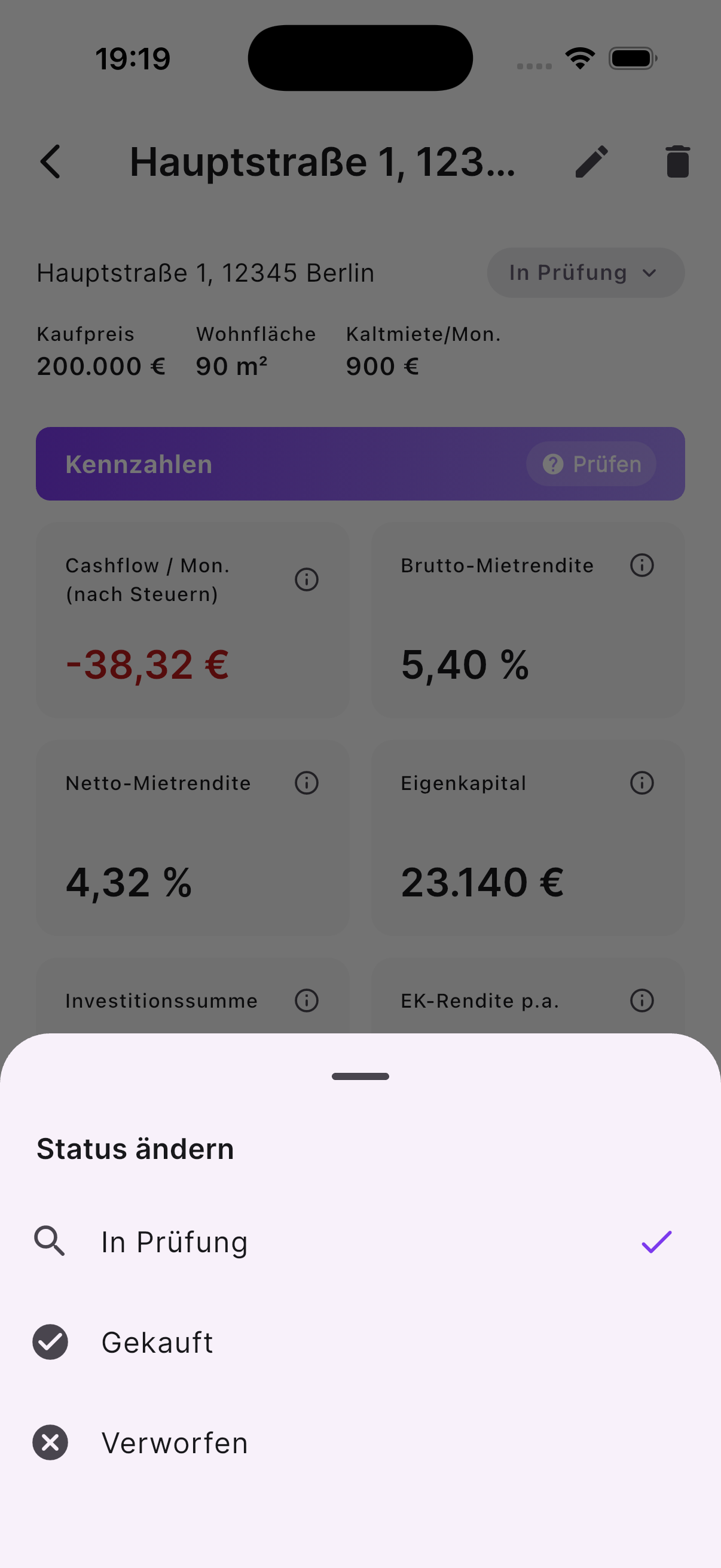 checkmeineimmo iOS App: Status einer Immobilie ändern (In Prüfung, Gekauft, Verworfen)