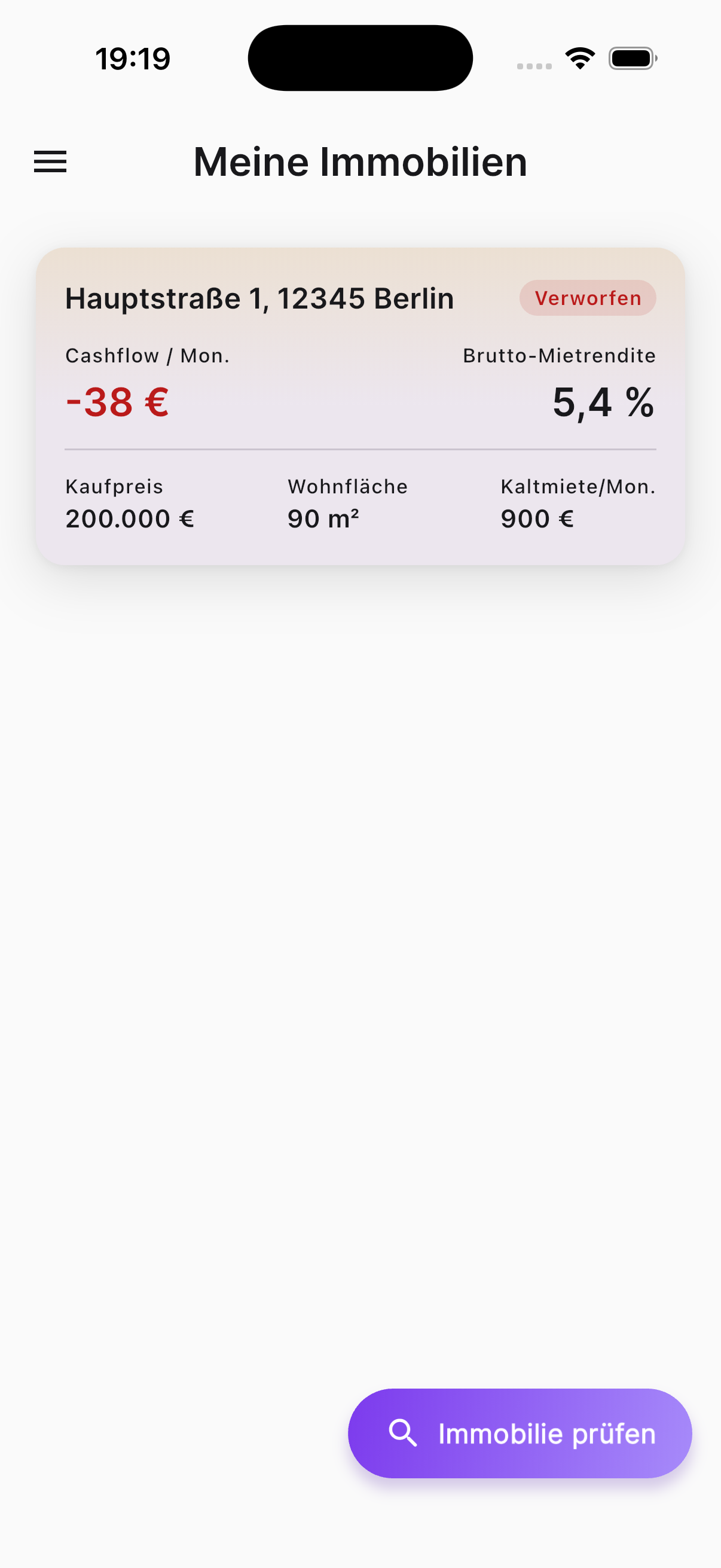 checkmeineimmo iOS App: Übersicht mit Cashflow, Brutto-Mietrendite und Statusmarkierung