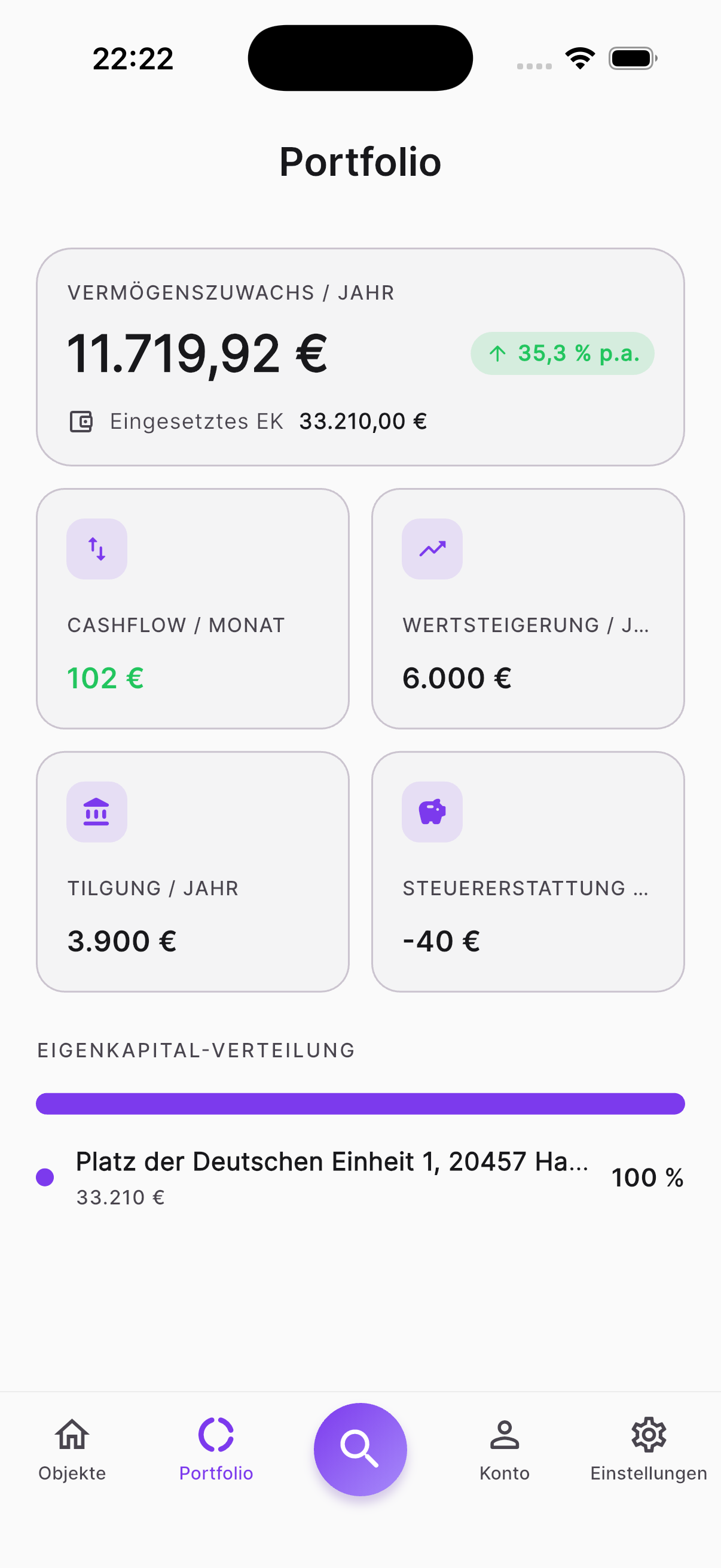 checkmeineimmo iOS App: Portfolio-Dashboard mit Vermögenszuwachs, Cashflow und Eigenkapital-Verteilung